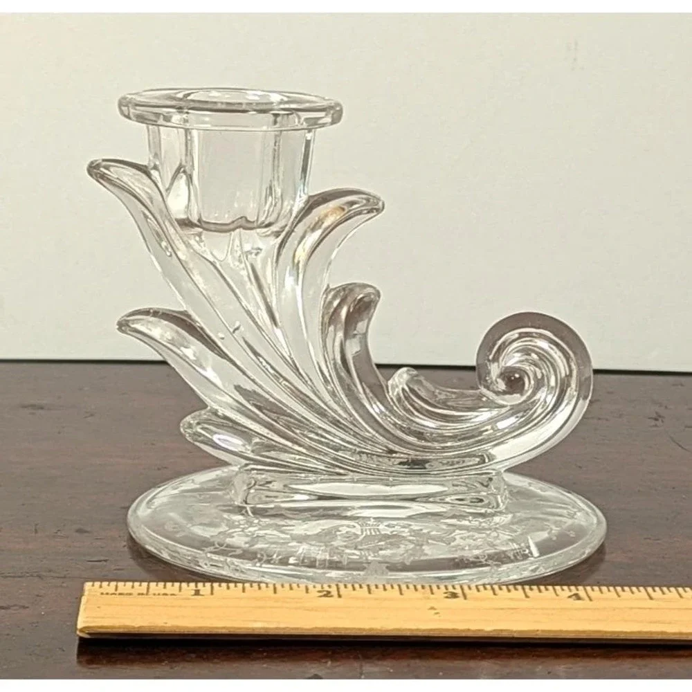 Vintage Clear Glass Cornucopia Candlestick Etched Floral UV Reactive Glows 4.25